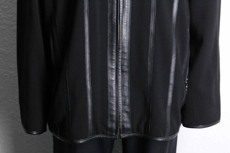 black leather switch stripe zip up jacket