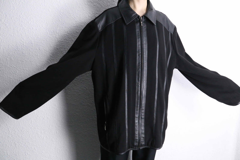 black leather switch stripe zip up jacket