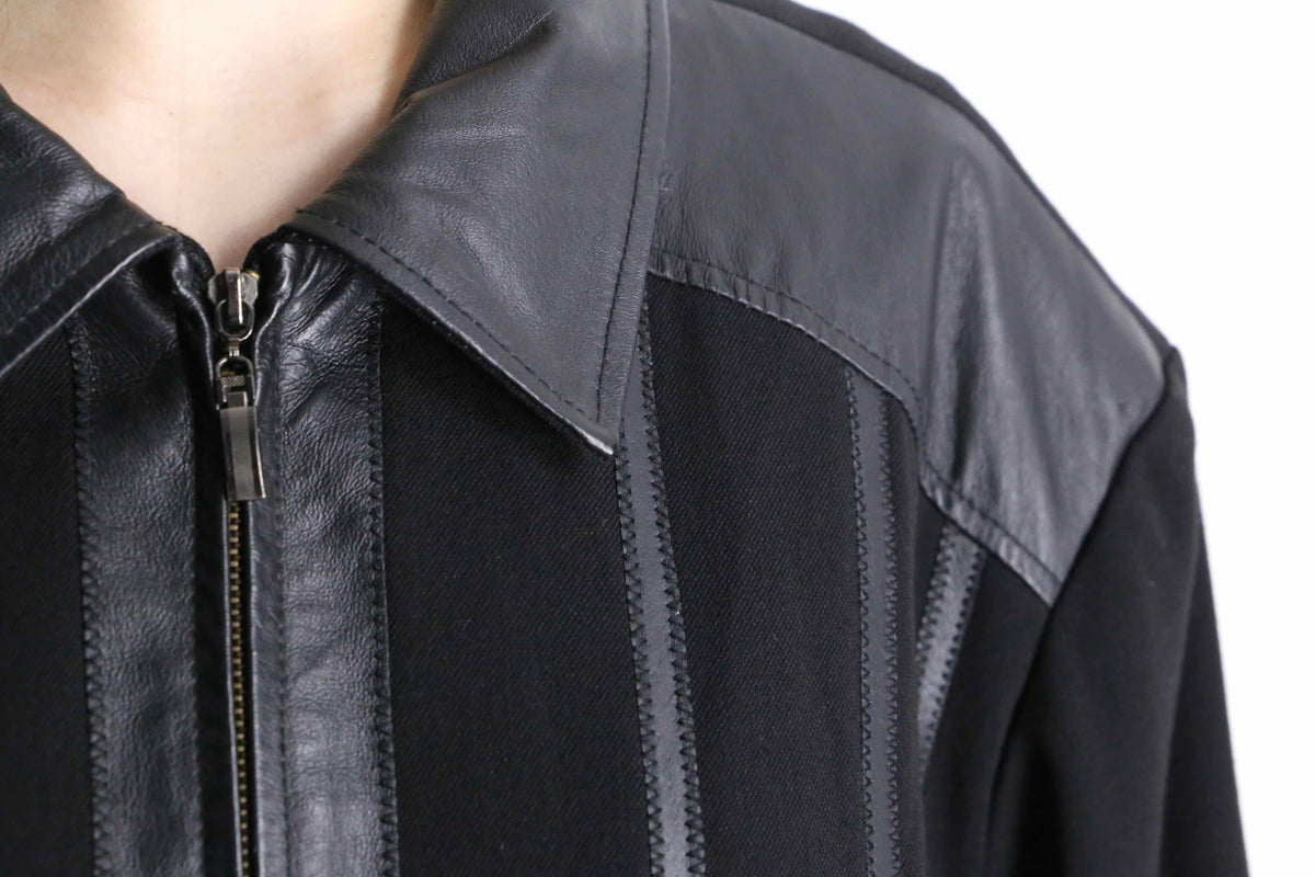 black leather switch stripe zip up jacket