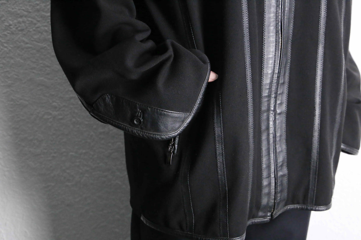 black leather switch stripe zip up jacket