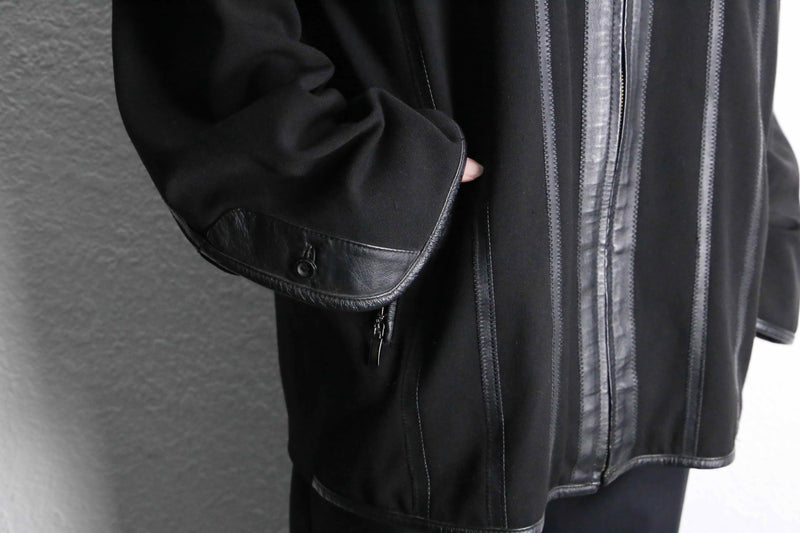 black leather switch stripe zip up jacket