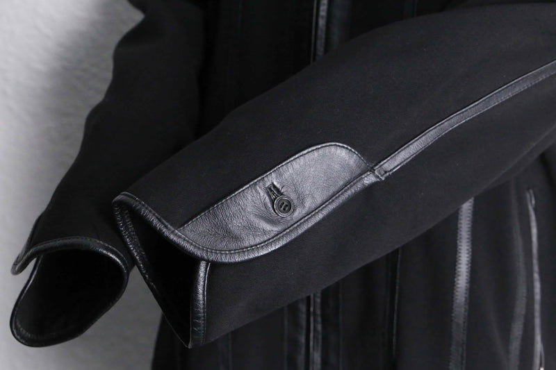 black leather switch stripe zip up jacket