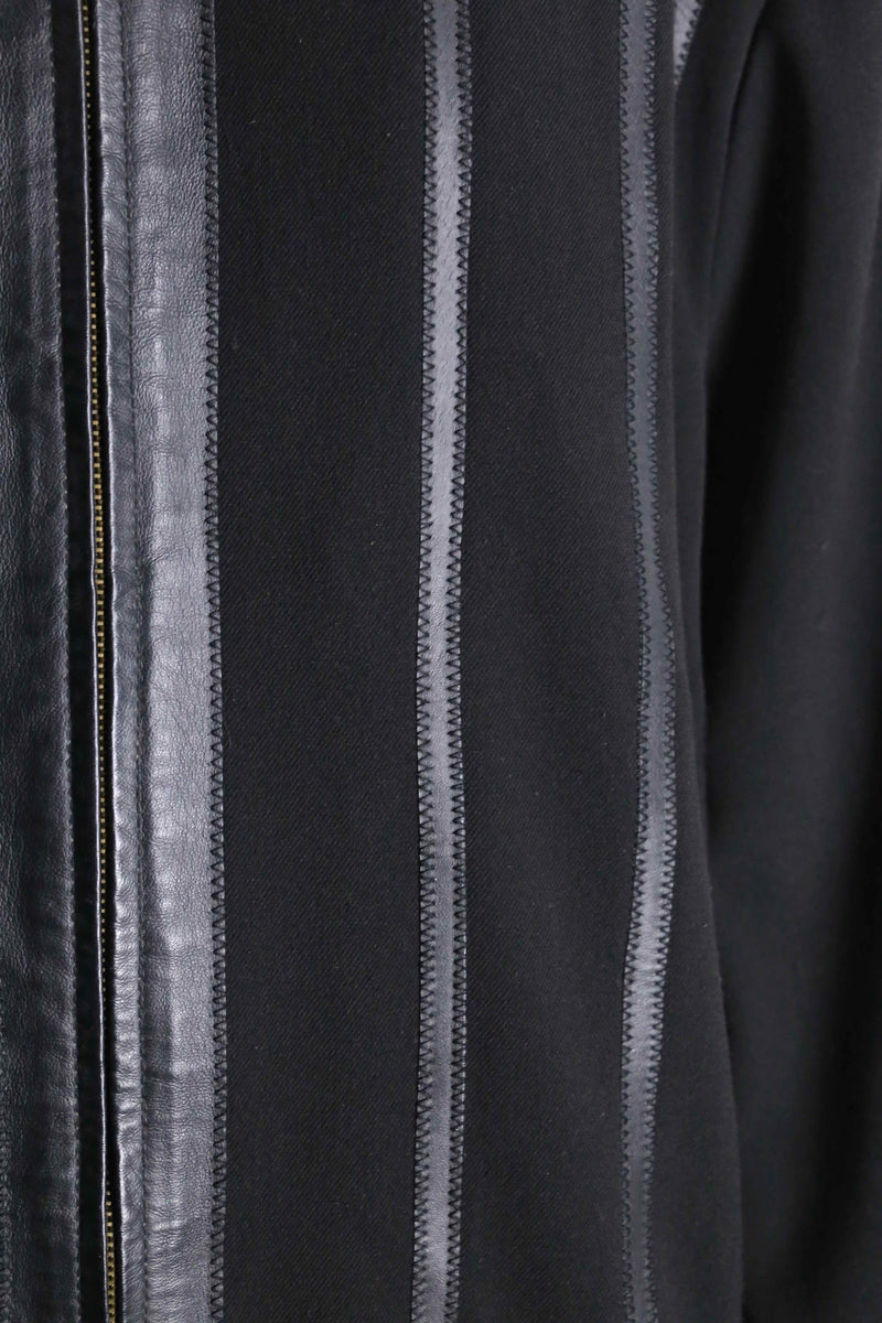 black leather switch stripe zip up jacket
