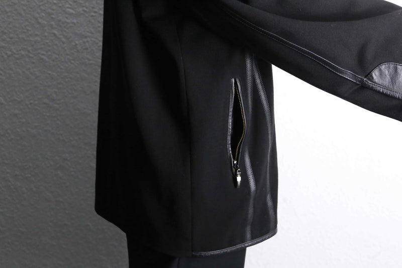 black leather switch stripe zip up jacket