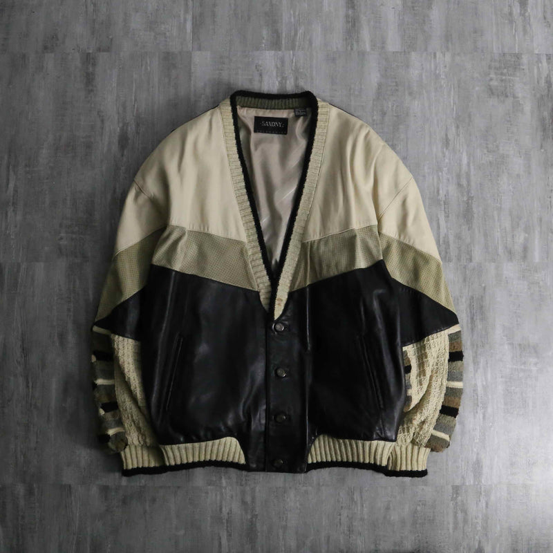 1990s SAXONY leather × 3D knit combi cardigan blouson