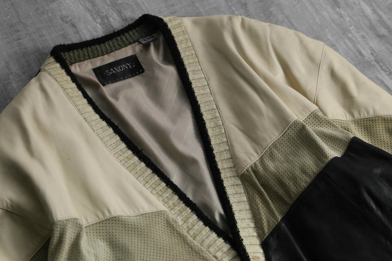 1990s SAXONY leather × 3D knit combi cardigan blouson
