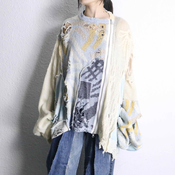 ''Re:make''damage knit zip cardigan