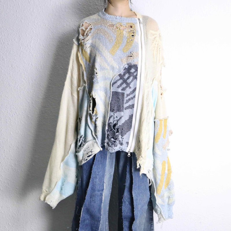 ''Re:make''damage knit zip cardigan