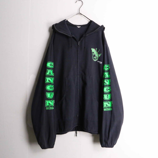 black color "iguana" design paper cotton zip hoodie