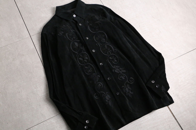 leaf embroidery black suede shirt jacket