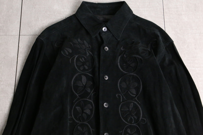 leaf embroidery black suede shirt jacket