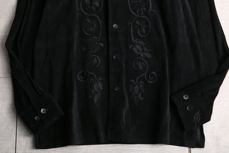 leaf embroidery black suede shirt jacket