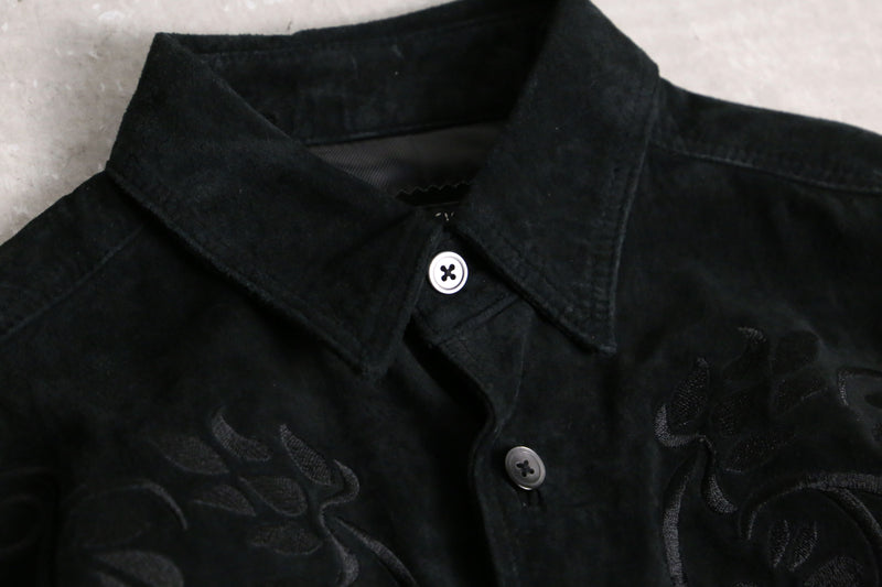 leaf embroidery black suede shirt jacket