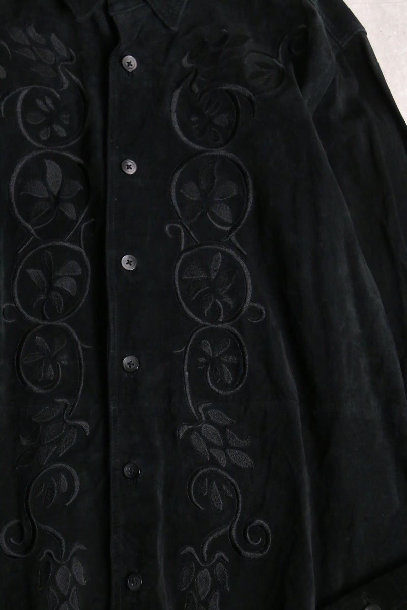 leaf embroidery black suede shirt jacket