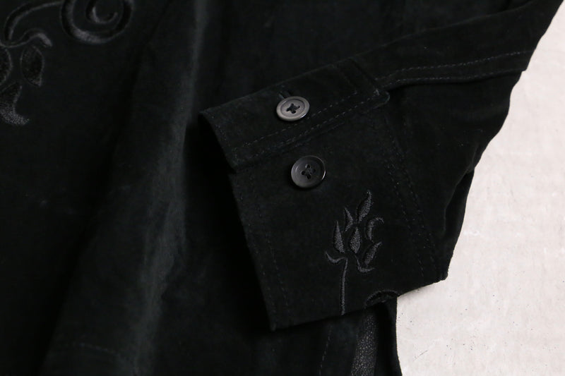 leaf embroidery black suede shirt jacket