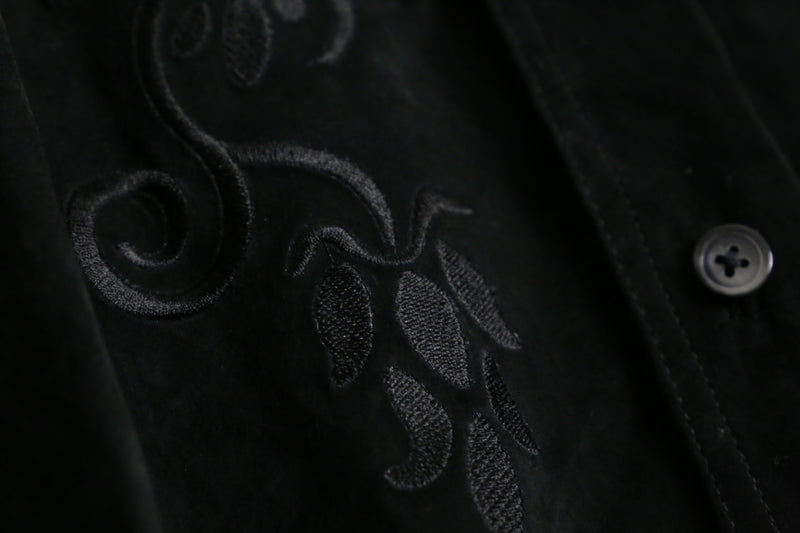 leaf embroidery black suede shirt jacket