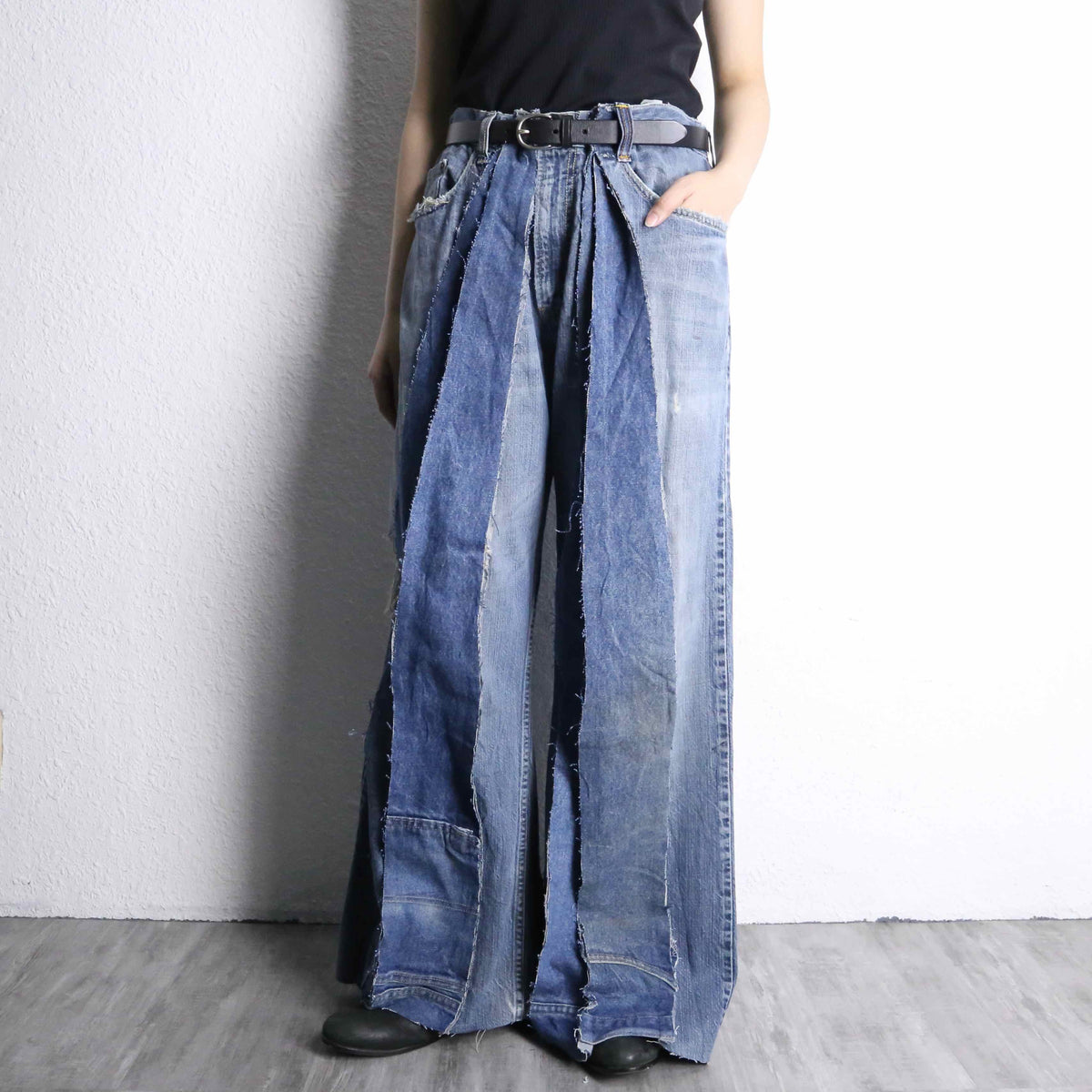 Re:make” patchwork stripe denim wide pants