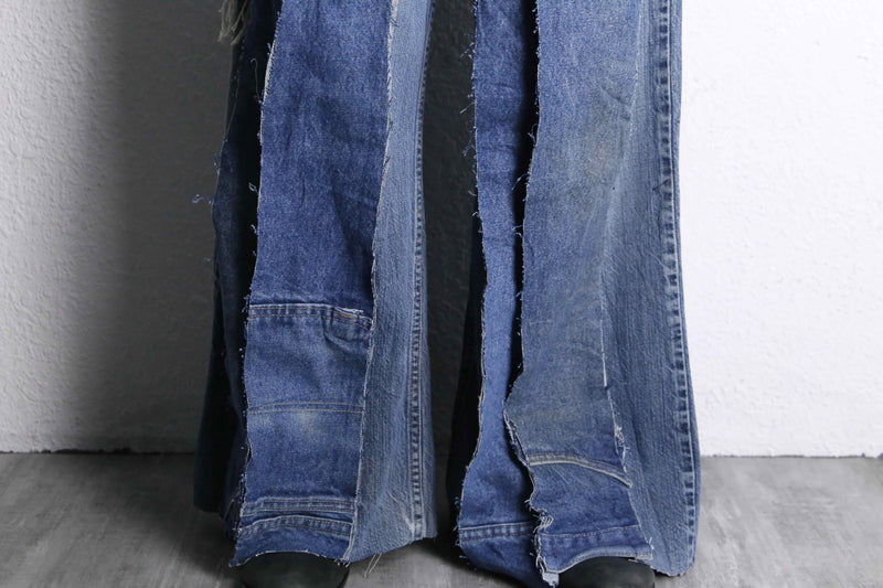 ”Re:make” patchwork stripe denim wide pants