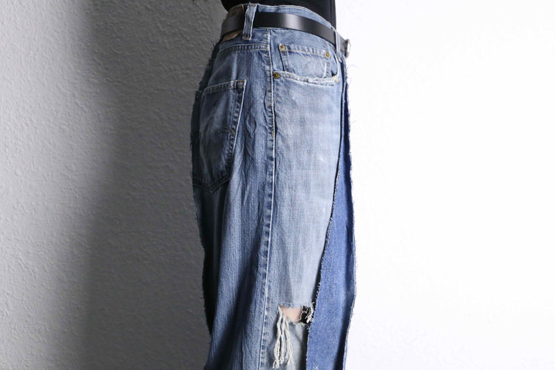 ”Re:make” patchwork stripe denim wide pants