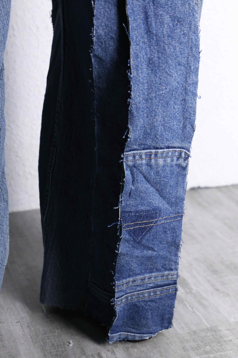 ”Re:make” patchwork stripe denim wide pants