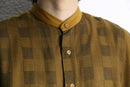 mustard check collarless shirt