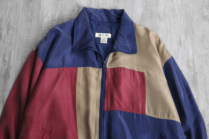 patchwork design zip up silk jacket
