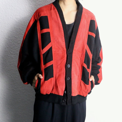 red suede panel knit cardigan