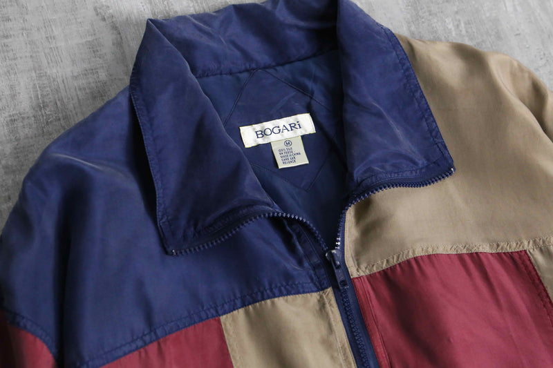 patchwork design zip up silk jacket