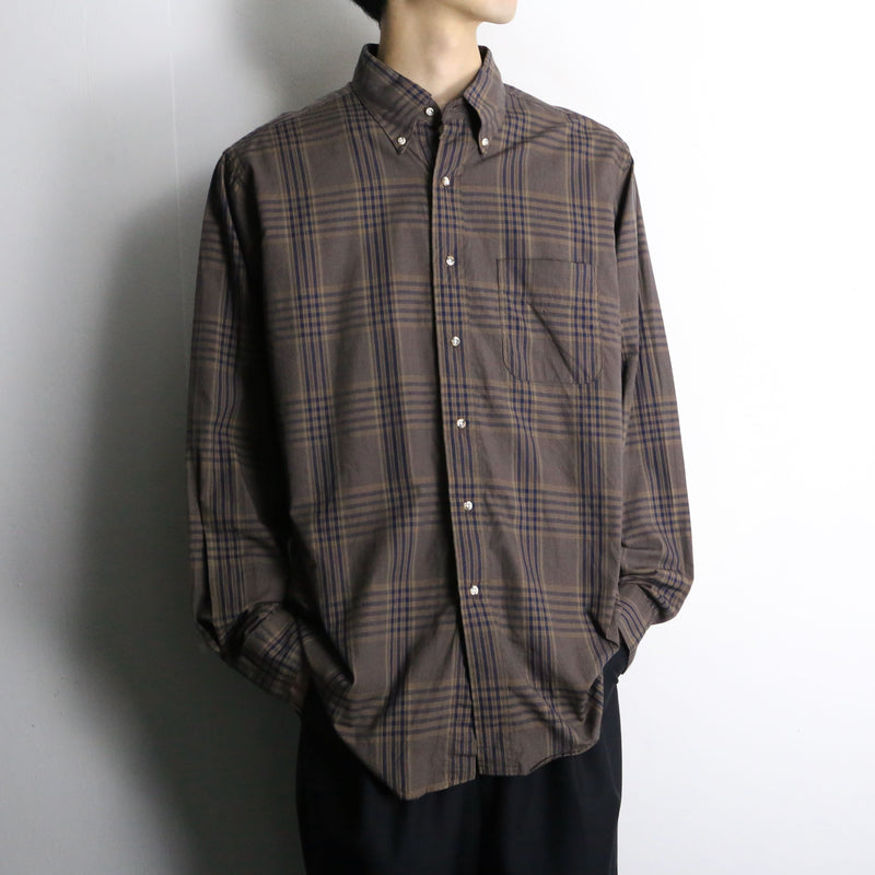 blue check pattern dark brown button down shirt