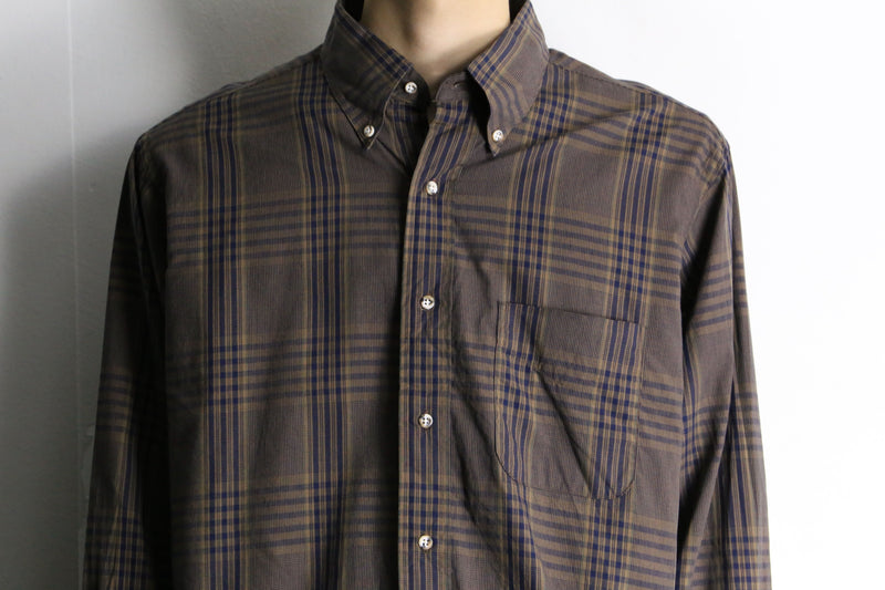 blue check pattern dark brown button down shirt