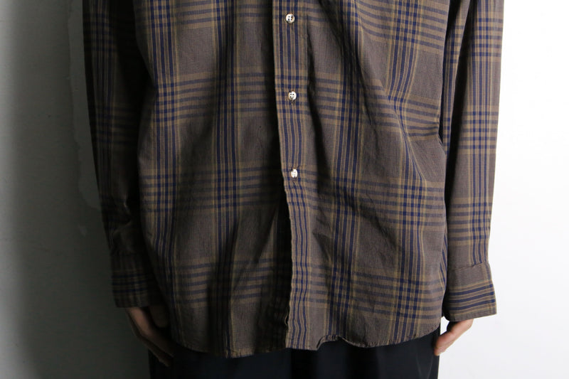 blue check pattern dark brown button down shirt