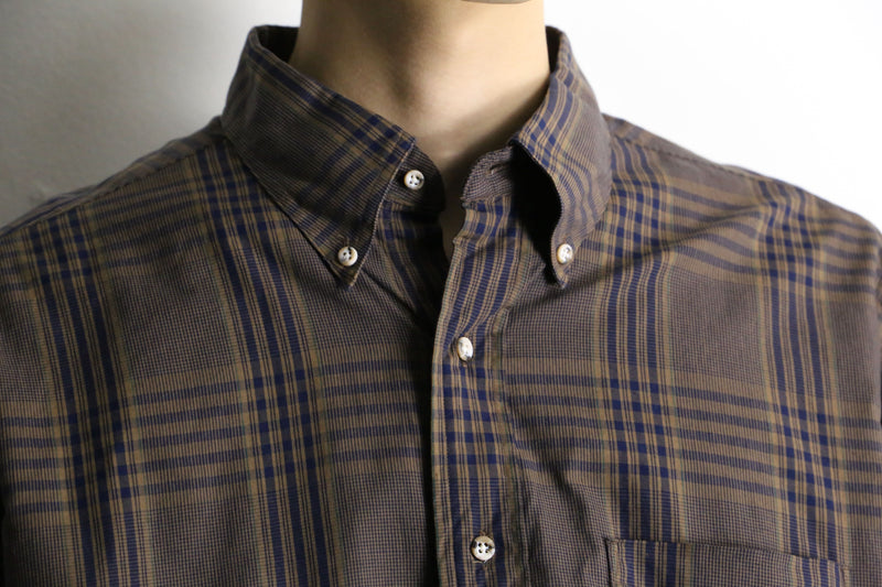 blue check pattern dark brown button down shirt