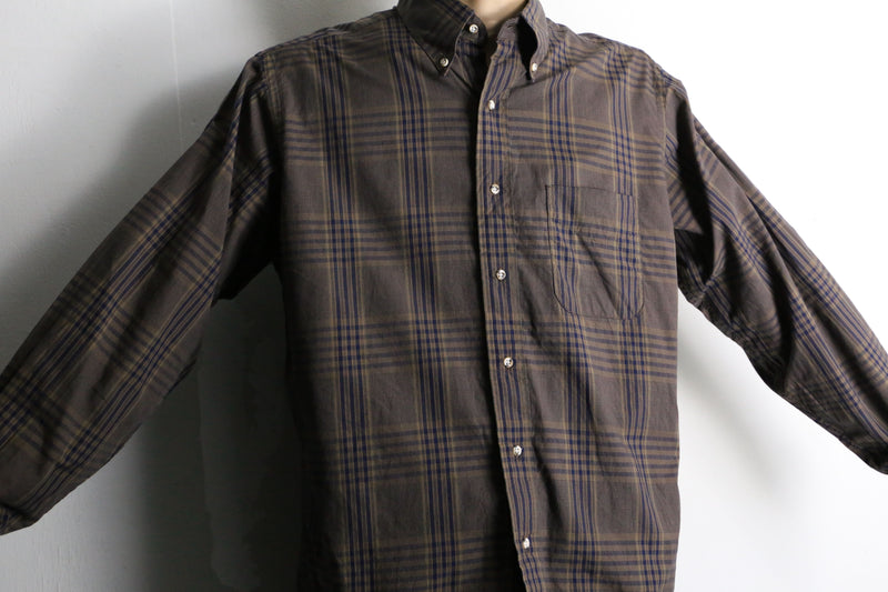 blue check pattern dark brown button down shirt