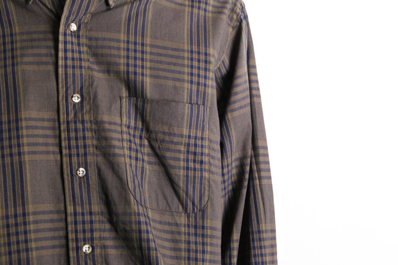 blue check pattern dark brown button down shirt