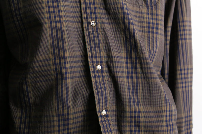 blue check pattern dark brown button down shirt