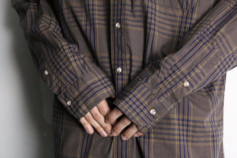 blue check pattern dark brown button down shirt