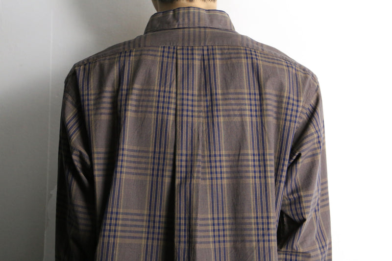 blue check pattern dark brown button down shirt