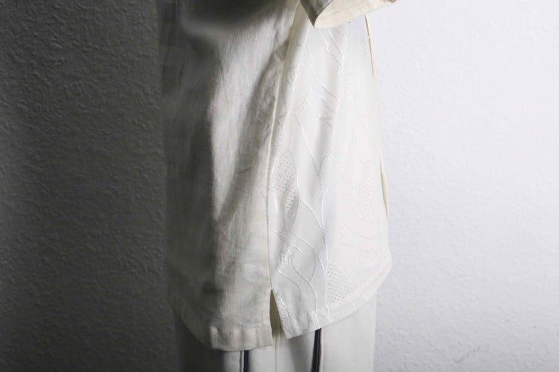 white geometry embroidery pattern linen S/S shirt