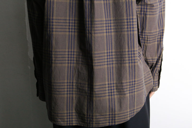 blue check pattern dark brown button down shirt