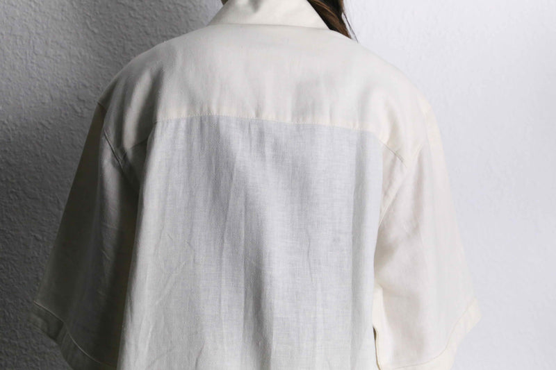 white geometry embroidery pattern linen S/S shirt