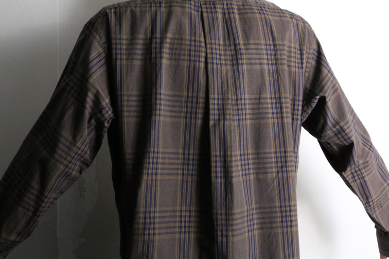 blue check pattern dark brown button down shirt