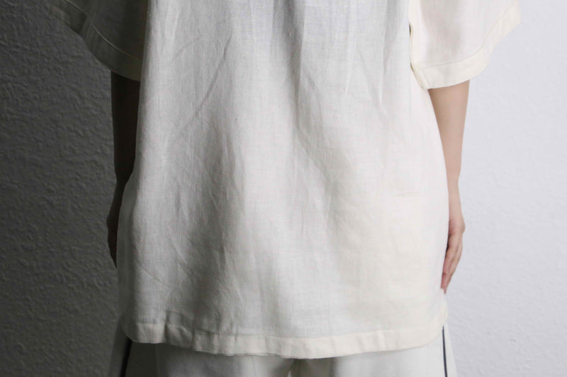white geometry embroidery pattern linen S/S shirt