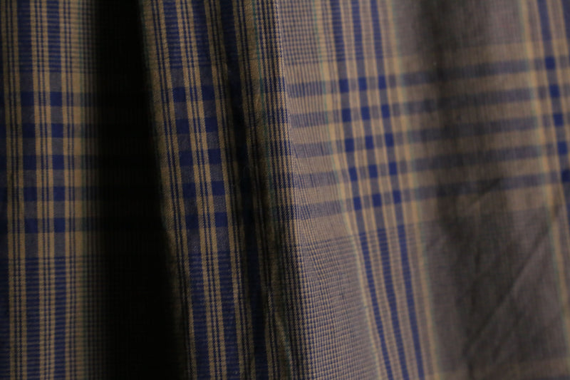 blue check pattern dark brown button down shirt