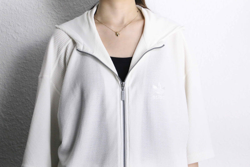 90's "adidas" white waffle S/S zip up hoodie