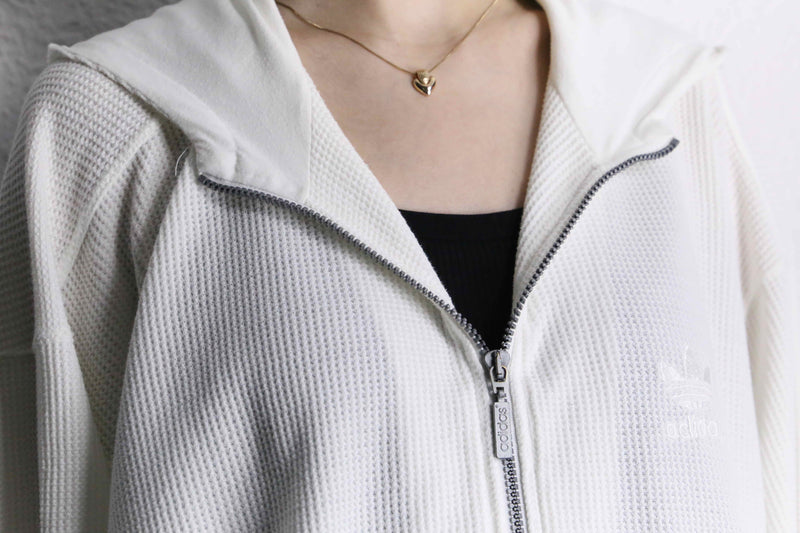 90's "adidas" white waffle S/S zip up hoodie