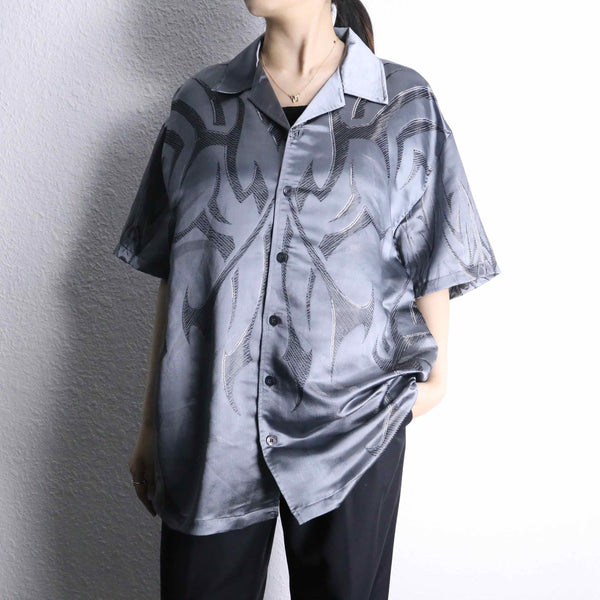 metallic gray tribal pattern open collar shirt