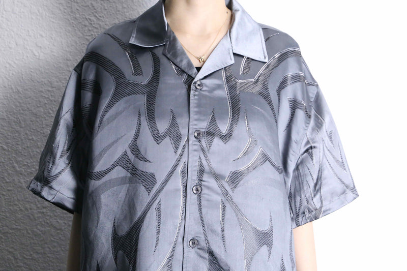 metallic gray tribal pattern open collar shirt