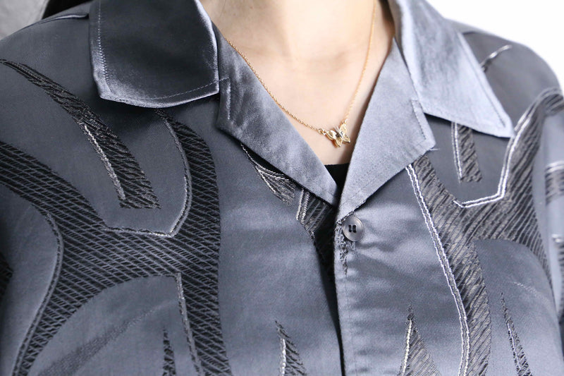 metallic gray tribal pattern open collar shirt