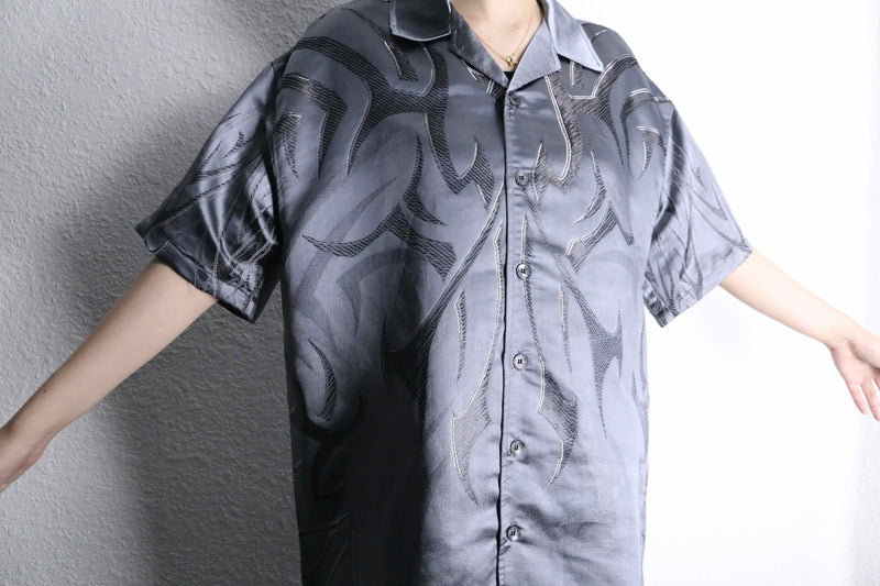 metallic gray tribal pattern open collar shirt