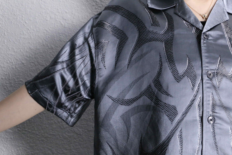 metallic gray tribal pattern open collar shirt
